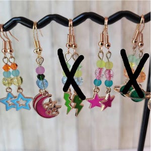 Celestial earrings. Beaded earrings. Star and moon earrings. Lightning bolt. Saturn. Dangling  earrings. Enameled  earrings.