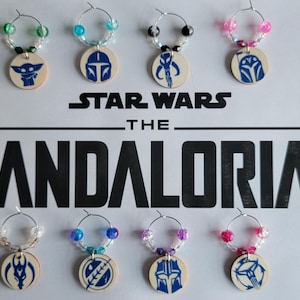 Mandalorian wine charms. Star Wars wine charms.  Beaded wine charms. Drink charms. Wood wine charms. Mando. Grogu. Geek chic. Sets of 8.