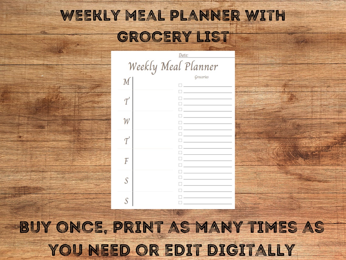 Meal Planner and Grocery List Printable Download, Printable Weekly Meal ...