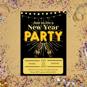 NEW YEAR| Party Invitation| Black and Gold Digital Portrait Template| Make it your own| Easy to Edit with Canva