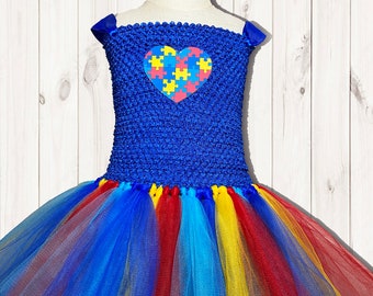 Autism Awareness Puzzle Piece Heart Tutu Dress with Cotton Lined Top