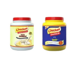 May include: Two containers of Checkers Custard. One has a yellow label with a red lid, the other has a blue label with a red lid. The labels feature the Checkers logo and text indicating the flavor and type of custard.