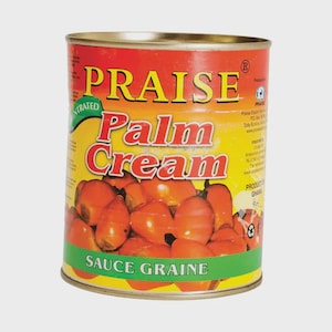 May include: A cylindrical can of Praise Palm Cream, featuring a red and yellow label with the words "Praise Palm Cream" in large, bold letters. The can also displays the words "Sauce Graine" and an image of orange palm fruits.