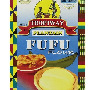 May include: A box of Tropiway Plantain Fufu Flour. The packaging features a blue background with images of fufu, plantains, and a bowl of stew. The box states "Gluten Free" and "New Formula". Net weight is 24 oz (1 lb. 8 oz.) or 680g.