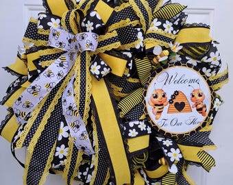 Welcome To Our Hive Wreath, Spring Wreath, Summer Wreath, Black and Yellow,  Bee Wreath