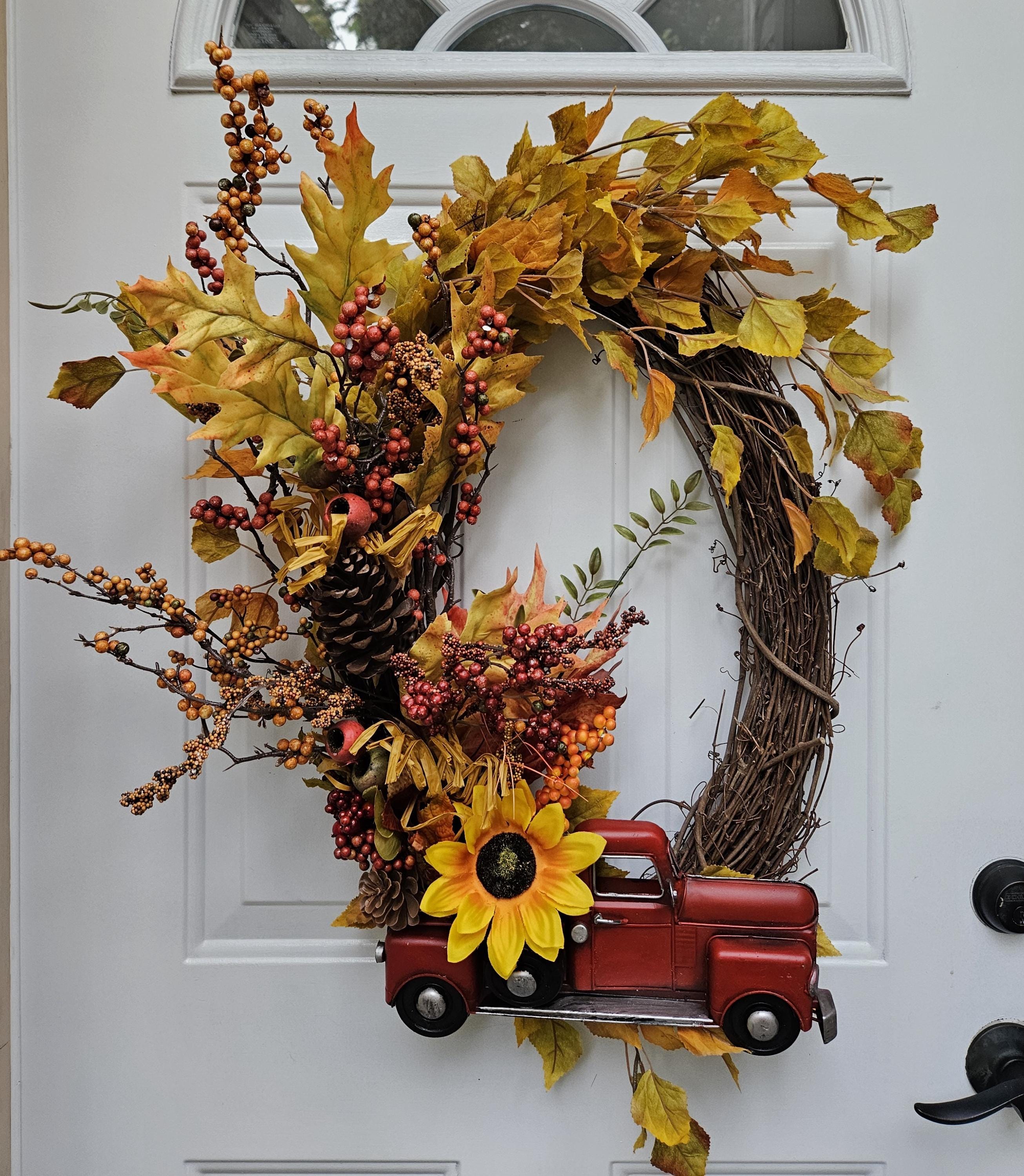 Large Oval Fall Faux Floral Wreath with Red Truck, Autumn Door Decor
