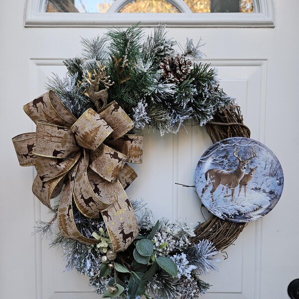 Winter Deer Evergreen Grapevine Wreath