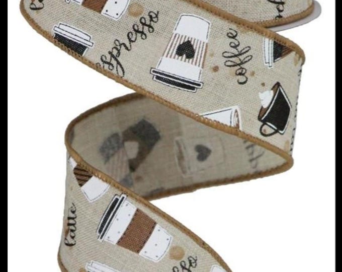 Coffee Ribbon Light Natural Background Coffee Cup Print Wired Linen Ribbon 1 1/2