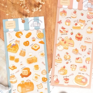 Jolie feuille d'autocollants pour gâteau au pain, kawaii, feuille d'autocollants pour boulangerie heureuse au coin des muffins