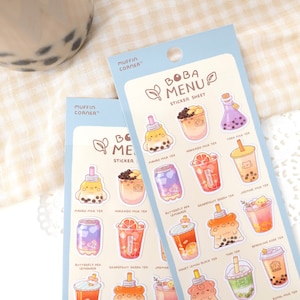 Süßes Boba Menu Sticker Blatt, Kawaii, Muffin Ecken Sticker Blatt