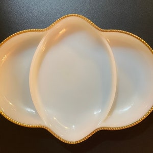 Vintage 1950&#39;s Fire King Milk Glass Divided Relish Dish w/Gold Trim - Mint Condition!