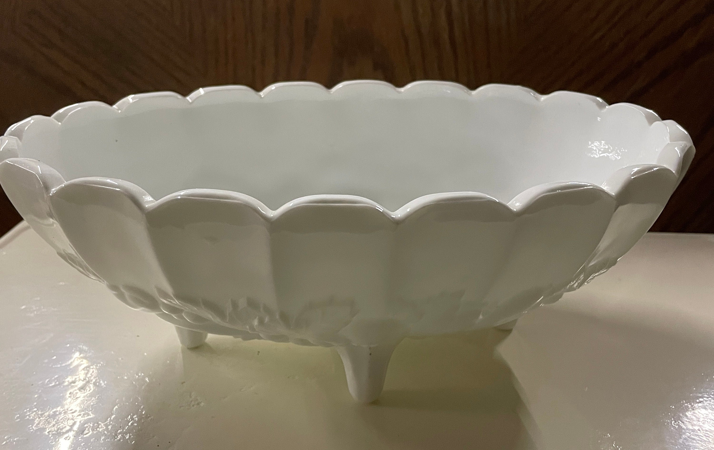 Vintage Indiana Glass Milk Glass Footed Oval Fruit Bowl - Harvest Grape Design