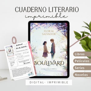 Puede incluir: Un cuaderno literario digital imprimible con el título "Boulevard" de Flor M. Salvador. La portada presenta a una pareja tomados de la mano. El cuaderno incluye secciones para libros, películas, series y novelas.