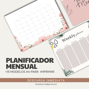 Puede incluir: Un planificador mensual imprimible con un diseño floral. El planificador tiene un fondo blanco con flores rosas y hojas verdes. El texto "PLANIFICADOR MENSUAL +15 MODELOS A4 PARA IMPRIMIR. DESCARGA INMEDIATA Mavalosss 94@gmail.com" está en la parte inferior del planificador.