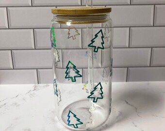 Holographic Christmas Tree Cup | Christmas Tree | Gifts | 16 oz | Iced Coffee Glass with Lid | Gifts for Her |