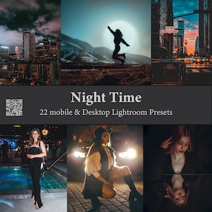 以下が含まれることがあります： 夜をテーマにした写真のコレクションを紹介するプロモーション画像。画像には、都市景観、月の前でジャンプする人物、ポートレートが含まれています。画像には「Night Time」と「22 mobile & Desktop Lightroom Presets」と書かれています。