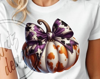 Cow Print Pumpkin PNG | Fall Pumpkin with Purple Bow Design | Rustic Autumn Sublimation Digital Download