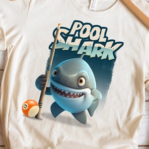 Cute pool shark character Png, Billiards themed baby shark Sublimation Design, Snooker art cartoon grey shark illustration, Digital Download