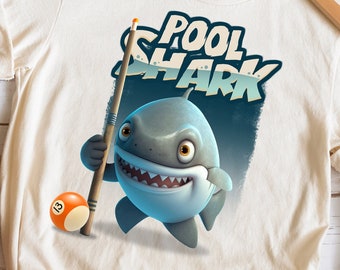 Cute pool shark character Png, Billiards themed baby shark Sublimation Design, Snooker art cartoon grey shark illustration, Digital Download
