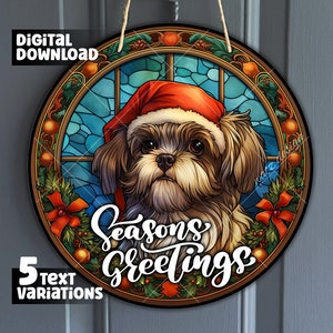 Christmas Faux Stained Glass Shihtzu Sign, Round Chinese Lion Dog sign for Wreaths, Shih-Poo Merry Christmas pet gift PNG, digital download
