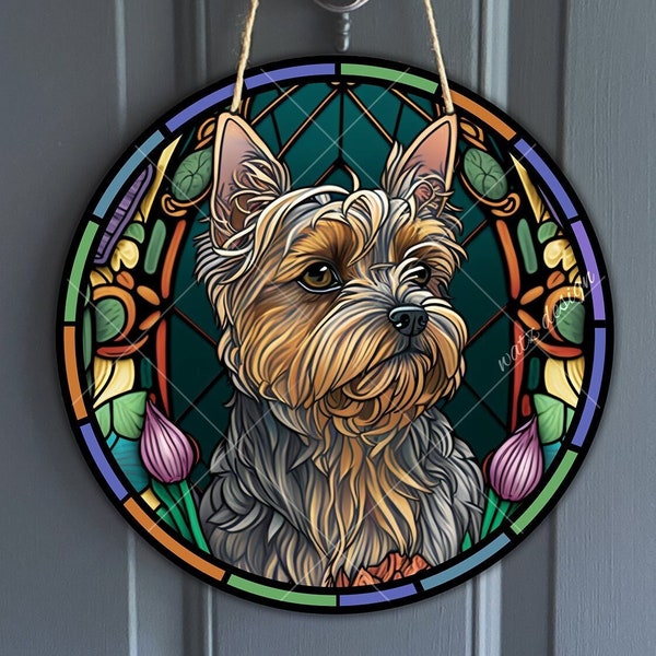 Faux Stained Glass Yorkshire Sign, Round vintage Yorkie sign for Wreaths, Toy Yorkshire dog art sublimation, dog lover, digital download