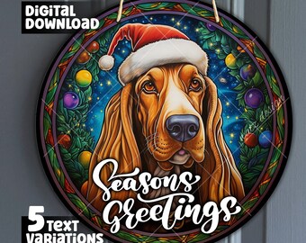 Christmas Faux Stained Glass Bassett Hound, Round Basset sign for Wreaths, Merry Christmas pet gift PNG, digital download