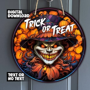 Trick or Treat Clown Stained Glass Door Hanger | Pumpkin Clown Sign for Wreath Center | Halloween Door Hanger PNG | Digital Download