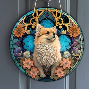 Faux Stained Glass Pomeranian Sign, Round vintage Pom Pom sign for Wreaths, Teddy Bear Dog art sublimation, dog lover, digital download