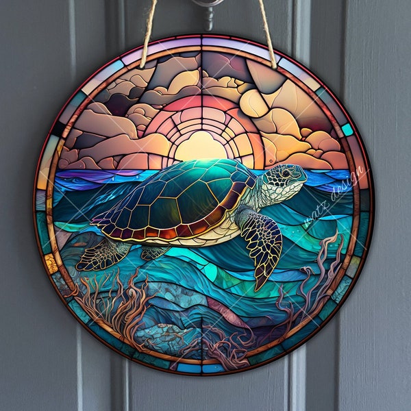 Faux Stained Glass Sea Turtle Round Sign for Wreaths, Marine turtle Sublimation,Ocean turtle Lover Gift, Ocean Welcome sign,Digital Download