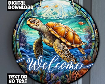 Faux Stained Glass Sea Turtle Round Sign for Wreaths, Marine turtle Sublimation,Ocean turtle Lover Gift, Ocean Welcome sign,Digital Download