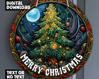 Christmas Tree Wreath Center, Xmas tree Decoration Sublimation Design | Tree with colorful Ornaments Sign PNG, Digital Download