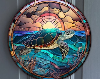 Signe rond de tortue de mer de faux vitrail pour des couronnes, sublimation de tortue marine, cadeau d&#39;amant de tortue d&#39;océan, signe de bienvenue d&#39;océan, téléchargement numérique