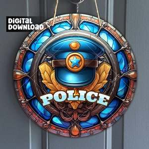 Vintage faux police badge stained glass Vintage police medal with patriotic elements for wreath, sublimation design, digital download