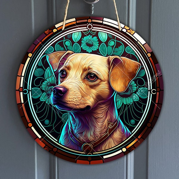 Faux Stained Glass Chiweenie Sign, Round vintage Doxihuahua sign for Wreaths, Sausage Dog art sublimation, Chipoo lover, digital download
