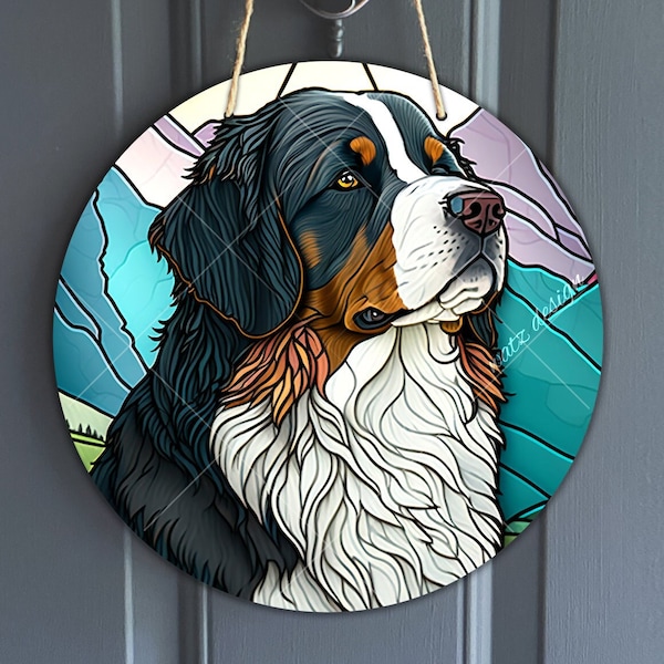 Faux Stained Glass Bernese Mountain Dog Sign, Berner Round Vintage Dog Sign for Wreaths, Dog Art Sublimation, Dog Lover, Digital Download
