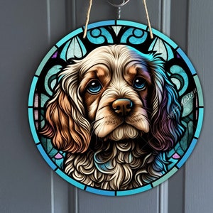 Faux Stained Glass Cartoon Cocker Spaniel Sign, Round Chibi Sprocker sign for Wreaths, Cockers art sublimation, dog lover, digital download