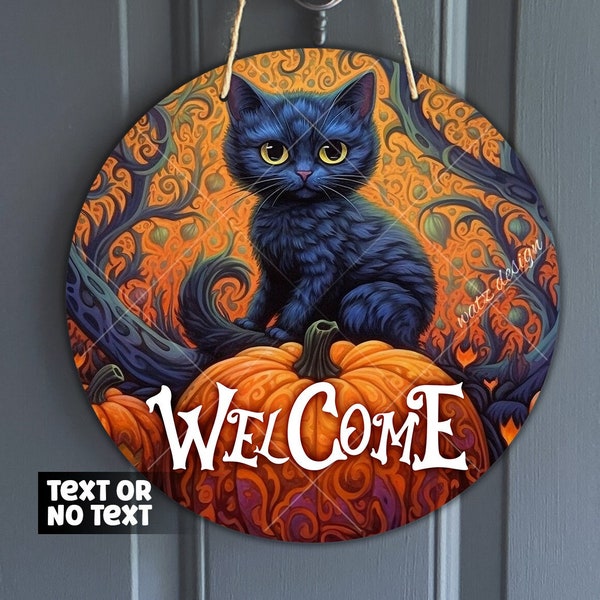 Ornate Halloween Pumpkin and Black Cat Door Hanger Design | Halloween Black Kitten with Pumpkin and Trees Wreath Center | Digital Download