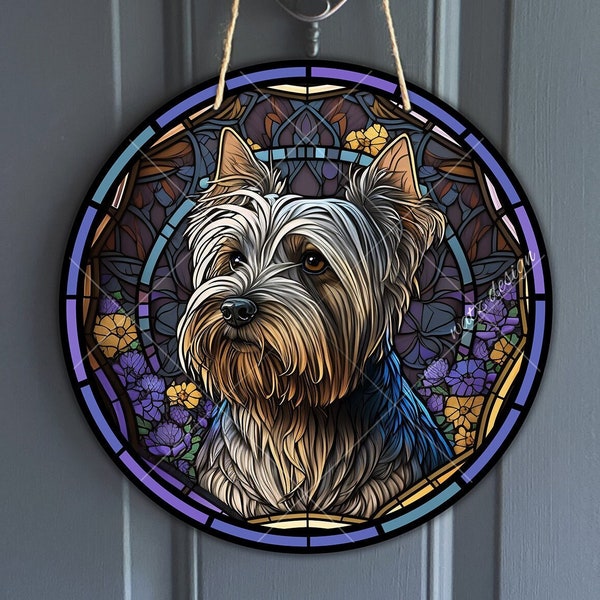 Faux Stained Glass Yorkshire Sign, Round vintage Yorkie sign for Wreaths, Toy Yorkshire dog art sublimation, dog lover, digital download