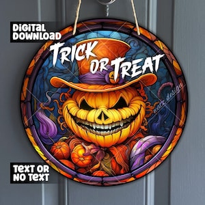 Trick or Treat pumpkin with top hat Stained Glass Door Hanger, Pumpkin Sign for Wreath Center, Halloween Door Hanger PNG | Digital Download