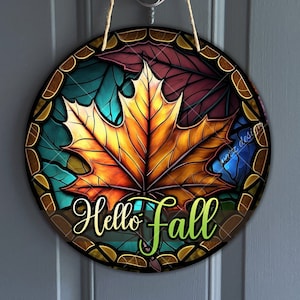 Fall Leaves Faux Stained Glass Door Hanger Design, Colorful Autumn foliage Sign for Wreath Center, Nature Art Sublimation Digital Download