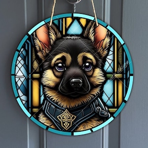 Round Faux Stained Glass German Shepard Sign - Cute Cartoon Alsatian Puppy Sign for Wreaths, Police Dog Art PNG , Digital Download