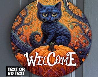 Ornate Halloween Pumpkin and Black Cat Door Hanger Design | Halloween Black Kitten with Pumpkin and Trees Wreath Center | Digital Download