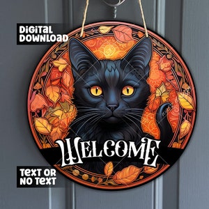 Halloween Black Cat Faux Stained Glass Door Hanger - Spooky Orange Eyes Cat Sign for Wreath Center - cat eyes PNG,  Digital Download