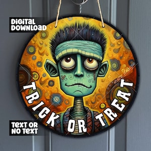 Cartoon Frankenstein Faux Stained Glass Door Hanger - Goofy Green Monster Wreath Center - Trick or Treat Frankenstein PNG, Digital Download