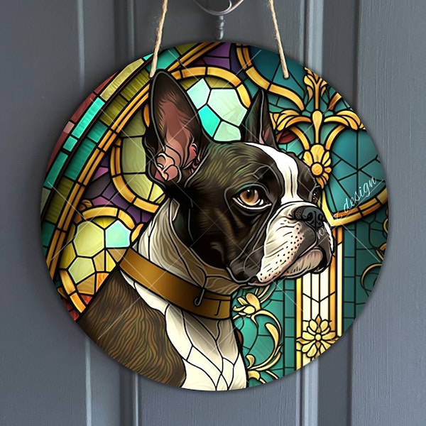 Faux Stained Glass Boston Terrier Sign, Round Bostie Vintage Sign for Wreaths,  Dog Art Sublimation, Dog Lover Gift, Digital Download