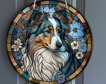 Vintage faux stained glass blue merle Sheltie Design, Blue Merle Collie art for wreath, Sheltie Lover sublimation design, digital download