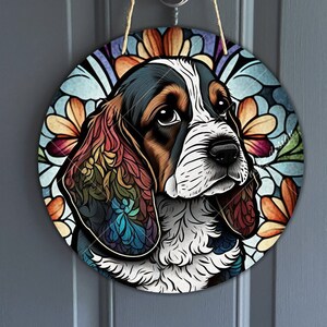 Faux Stained Glass Cartoon Basset Hound Sign, Round Chibi Basset Sign for Wreaths, Dog Art Sublimation, Dog Lover, Digital Download