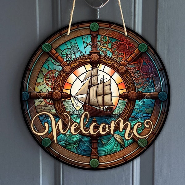 Faux Stained Glass ships wheel door Hanger Design, captain's wheel nautical Sign for Wreath Center, Sublimation Design, Digital Download