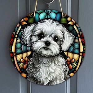 Chibi Malteser Faux Glasmalerei Zeichen, rund Cartoon Bichon Malteser Zeichen für Kränze, Hundekunst Sublimation, Hundeliebhaber Geschenk, digitaler Download