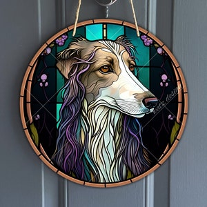 Faux Stained Glass Borzoi Sign, Round Vintage Russian Wolfhound Sign for Wreaths, Dog Art Sublimation, Dog Lover Gift, Digital Download